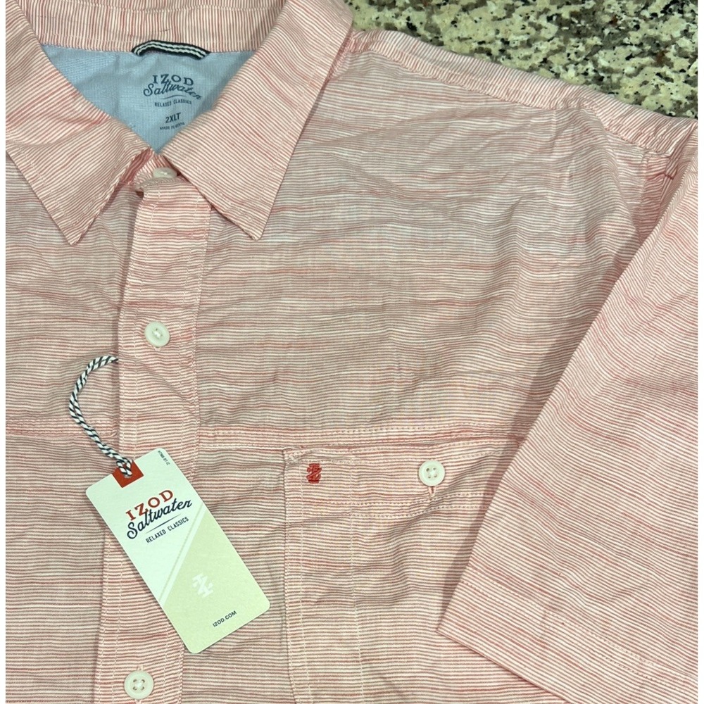 New Izod‎ Saltwater Dockside Shirt Short Sleeve Button Red Micro Stripe 2XLT